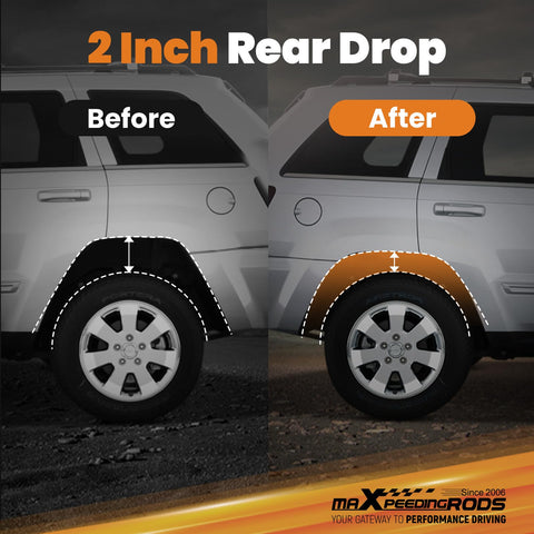 2 Inch Rear Drop Lowering Shackles For Dodge Ram 1500 2500 3500 Mega Cab 2003 2013 8 Lug Trucks With Leaf Springs Under Rear Hanger Leveling Kit For Crew Cab Pickup Boost Aggressive Mean Stance And Ride shown in before and after image.