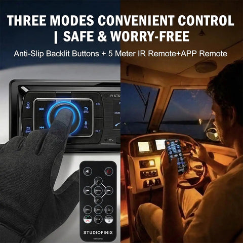 Single Din Bluetooth 5.1 Marine Car Stereo Receiver With 240W Power, IR Remote And App Control displayed with remote and dashboard.