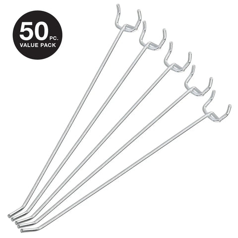 Eight Inch Pegboard Hook Organizer Kit With Fifty Hanging Hooks For Garage And Workshop Storage, nickel-plated hooks shown