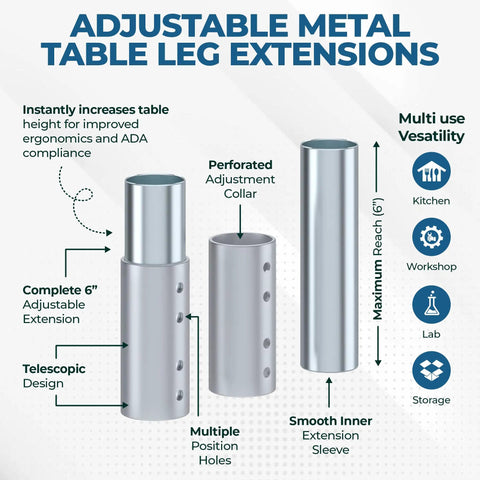 Heavy Duty 6 Inch Adjustable Metal Table Leg Extensions 4 Pack Universal Threaded Risers for ergonomic height adjustment with adjustable collar.