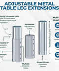 Adjustable metal table leg extensions showing three pieces, 6" height, designed for ergonomic table adjustments.