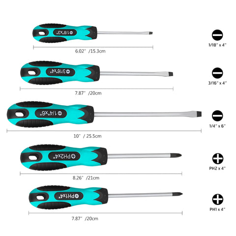 Magnetic Screwdriver Set 5 Piece Slotted And Phillips With Ergonomic Non Slip Handles Permanent Magnetic Tips Viridian Green