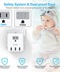 Image of a child in a bear onesie with a wall socket featuring Six In One European Travel Plug Adapter With Three US Outlets And Three USB Ports Type C Converter For US To Europe Travel 2500W Max 10A USB Ports Up To 2.4A Each Power Six Devices At Once Works In Spain Italy France Germany. Safety and dust-proof features highlighted.