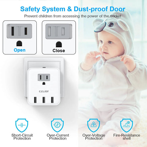 Image of a child in a bear onesie with a wall socket featuring Six In One European Travel Plug Adapter With Three US Outlets And Three USB Ports Type C Converter For US To Europe Travel 2500W Max 10A USB Ports Up To 2.4A Each Power Six Devices At Once Works In Spain Italy France Germany. Safety and dust-proof features highlighted.