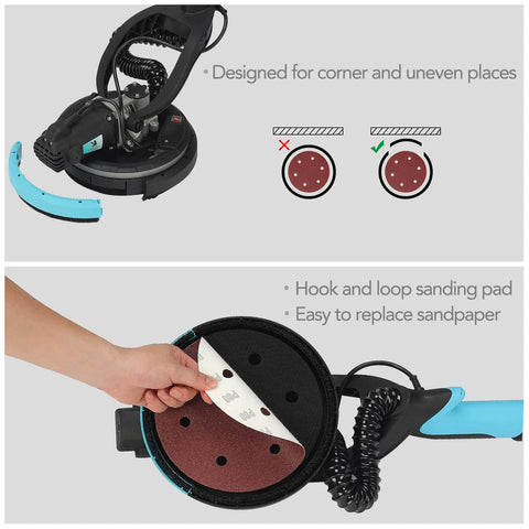 Detail of Drywall Sander Without Vacuum 750W Electric Sander With Telescopic Foldable Pole showing hook and loop sanding pad