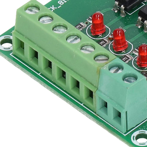 Close-up of terminal connectors on Optocoupler Isolation Board 24V To 5V PLC Level Converter Module 4 Channel Plug And Play Ready