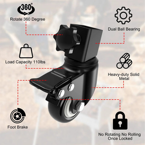 Caster Wheels Set For Griddle Stand 2 Inch Heavy Duty Casters With 360 Degree Swivel showing dual ball bearing and foot brake