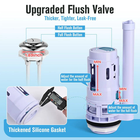 Universal 3 Inch Dual Flush Valve And Fill Valve Replacement Kit for 2 Piece Toilets with push button and gasket details