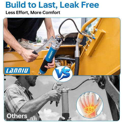 Heavy Duty 8000 PSI Lever Grease Gun Kit in use on machinery, comparing build quality and ease versus other models