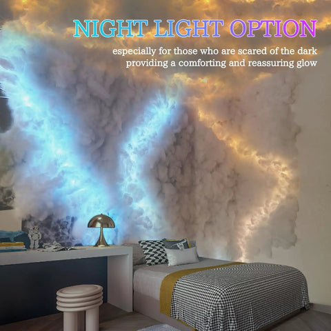 LED Thundercloud Cloud Light With Bluetooth Music Sync in a cozy bedroom, emitting blue and yellow hues over a bed.