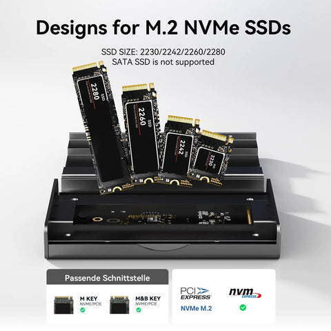 Blazing Fast 40Gbps NVMe M2 SSD Enclosure Handles Up To 8TB displays M.2 SSD sizes 2230, 2242, 2260, 2280 compatible with aluminum casing.