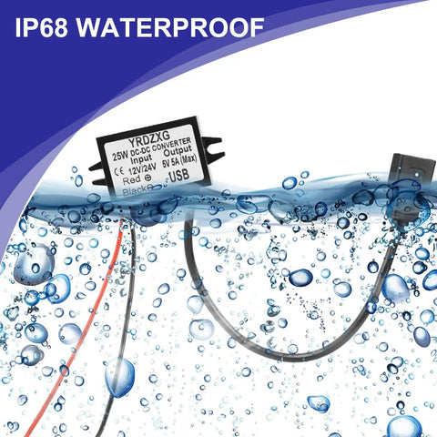 Waterproof USB Output 5V Buck Converter Module submerged, showing IP68 rating for 12V or 24V DC Power, Regulated Supply 5A 25W