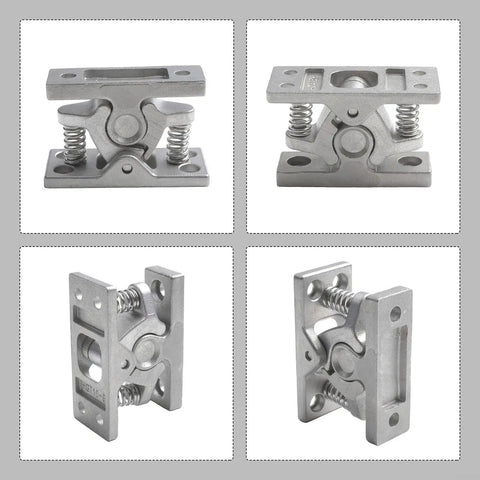 Spring Loaded Double Roller Door Latch With Strong Grip, steel clamp for RV cabinets, marine grade, shown in four angles.