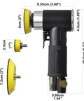 Mini Random Orbital Air Sander Kit With 1 Inch 2 Inch And 3 Inch Polishing Pads, showing dimensions and components
