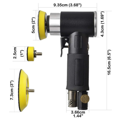 Mini Random Orbital Air Sander Kit With 1 Inch 2 Inch And 3 Inch Polishing Pads, showing dimensions and components
