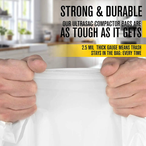 Hands stretching a strong 2.5 mil thick compactor bag from Beefy Heavy Duty Trash Compactor Bags, 18 Gallon, 25 X 35 Inches, 40 Pack With Ties.