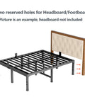 Rock Solid Full Size Bed Frame Featuring Heavy Duty Steel Slats And Recessed Middle Support Holds Three Thousand Five Hundred Pounds showing reserved holes for headboard.