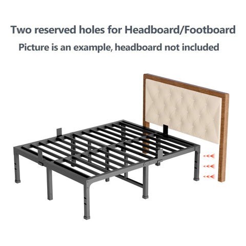 Rock Solid Full Size Bed Frame Featuring Heavy Duty Steel Slats And Recessed Middle Support Holds Three Thousand Five Hundred Pounds showing reserved holes for headboard.