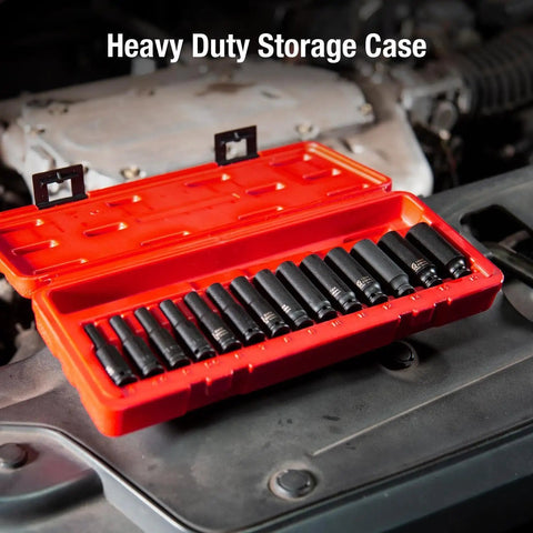 Open heavy duty storage case with One Quarter Inch Drive Deep Magnetic Impact Socket Set 14 Piece Metric Cr Mo Alloy Steel.