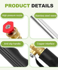 Power Washer Nozzle For Garden Hose With Three Interchangeable Sprays For Fast Car Wash Patio And Garden Cleanup Adjustable Linear Columnar And Fan Modes Fits Most Hoses Built To Last With Beast Durability In Black showing high-pressure nozzle, stainless steel wand, anti-slip handle, copper interface.