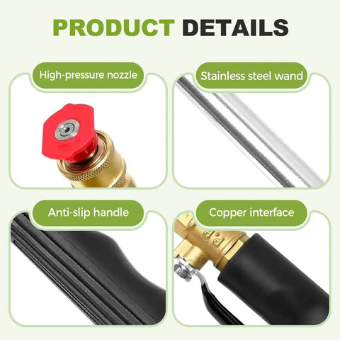 Power Washer Wand For Garden Hose With Three Interchangeable Nozzles Built For Cars Patios And Outdoor Cleanup From Light Mist To Heavy Power Spray Plus Adjustable Linear Columnar And Fan Patterns Grey Set product details showing stainless steel wand, anti-slip handle, high-pressure nozzle and copper interface.