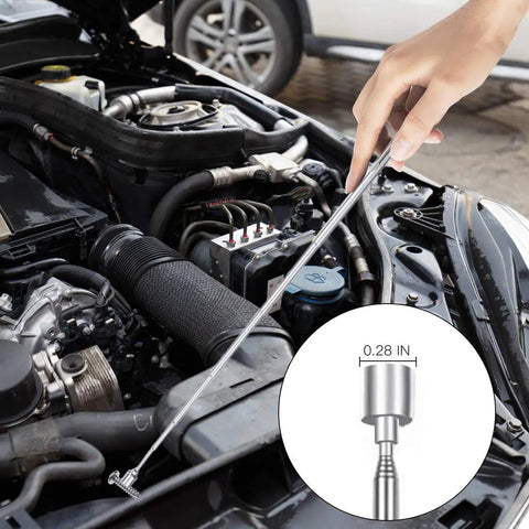 Magnetic Telescoping Pickup Tool Set With 15 Lb And 1 Lb Pickup Rods in use retrieving part from car engine