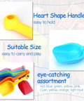 Eight Pack Heavy Duty Plastic Beach Shovels For Kids And Toddlers showing colorful assortment and heart-shaped handle design.