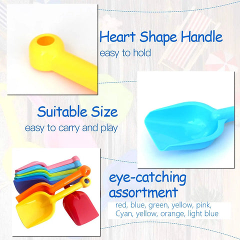 Eight Pack Heavy Duty Plastic Beach Shovels For Kids And Toddlers showing colorful assortment and heart-shaped handle design.