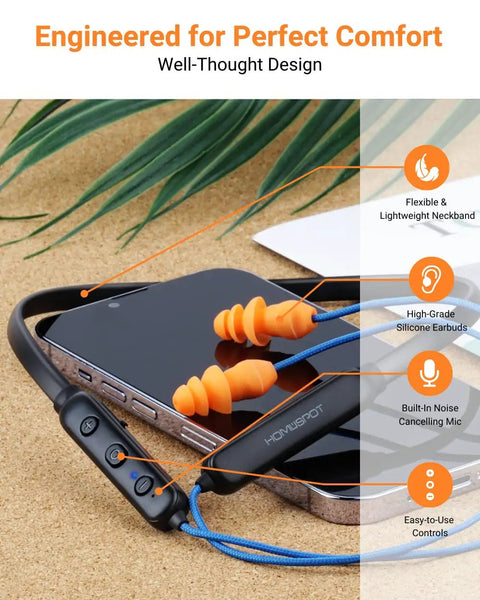 Boss Level Wireless Noise Cancelling Neckband Headphones With Qualcomm AptX HD, 27dB NRR, orange earbuds laying on phone
