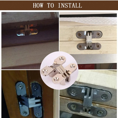 Concealed Cross Door Hinge 8x42mm Invisible Hinge 180 Degree Swing With Screws installed on various wood doors.