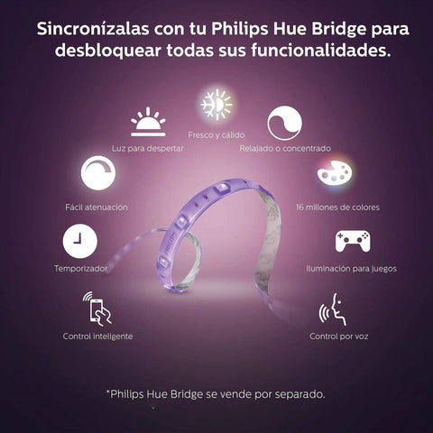 Hue LightStrip Plus Dimmable LED Smart Light Extension for ambient mood lighting features on purple background