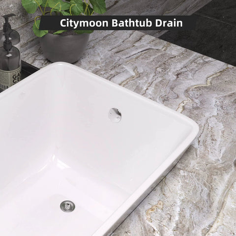 Chrome-plated all-metal lift-and-turn bathtub drain kit with two-hole overflow faceplate installed in white tub