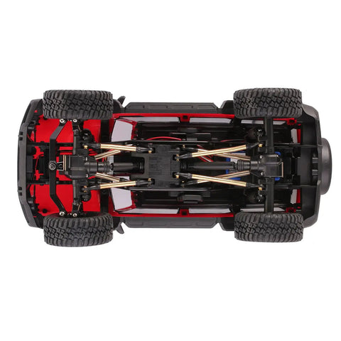 Brass High Clearance Link Set For TRX4M Bronco Defender One Eighteenth Scale RC Crawler Upgrades 38g Per Set Adds Weight To Lower Center Of Gravity For Superior Stability Anti Roll Over And Climbing Performance, top view of upgraded chassis with brass links installed.
