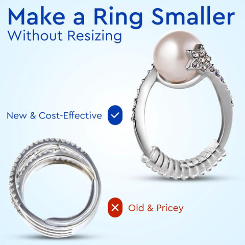 Ring Size Adjusters For Loose Rings 12 Pack Snug Up Your Fit Guards Spacers Tighteners Fits Bands Up To 6mm displayed with rings.