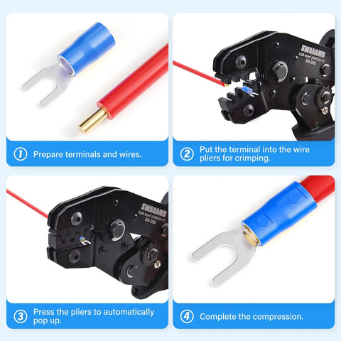Steps to use Blue 16 To 14 AWG Insulated Fork Spade U Type Wire Connectors Set, 300 Pcs Copper Crimp Terminals for repairs.