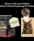 Bonus 1.6W laser module for precise photo engraving, showcasing cat engraving example