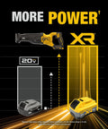 Diagram showing 20V Max XR Cordless Reciprocating Saw Kit with Battery and Charger Included, highlighting brushless power.