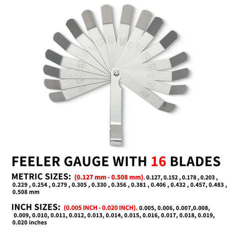 Front view of stainless steel 16-blade feeler gauge, fan-style with metric and imperial sizes