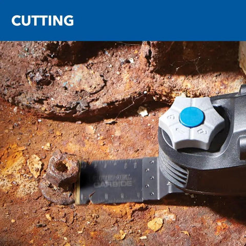Top Notch 5 Amp Corded Oscillating Multi Tool Featuring Variable Speed And Low Vibration cutting rusty metal bolt with carbide blade.