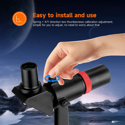 Right Angle Finder Scope 6x30mm With Correct Image Optics 120mm Focal Length High Light Gathering For Telescopes Crosshair Reticle For Easy Targeting Pro Grade Stargazing Accessory mounted on telescope, hand adjusting thumb screw