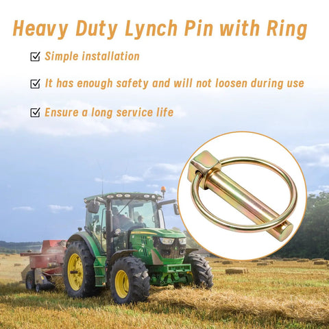 14 Piece Lynch Pin Set For 3 Point Hitch And Trailer, 4 Sizes Including 3/16x1-7/16, 1/4x1-3/4, 5/16x1-3/4, 7/16x1-3/4, Galvanized Carbon Steel Pins For Rust Resistance And Quick Replacement. Lynch pin with ring on tractor hitch