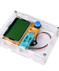 Pro Grade All In One Mega328 Transistor Tester With Case LCR Meter, clear case showing LCD, buttons, and slots, top view.
