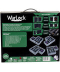 Box of Warlock Tiles Expansion Dungeon Tiles II Full Height 2-Inch Stone Walls Plug-And-Play Clips showing modular grid options.