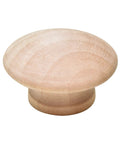 Six Pack Natural Wood Mushroom Cabinet Knobs One Point Five Inch Wide Unfinished Drawer Handles for Dresser and Wardrobe DIY Stain Or Paint Ready To Rock Sleek Top Shelf Hardware Upgrade Kit, close-up view of one knob.