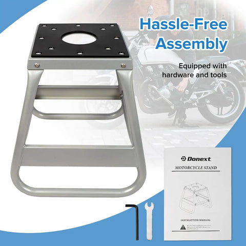 Motorcycle Lift Stand For Dirt Bikes 600Lb Capacity Beefy Universal Panel Stand Removable Maintenance Stand pictured with tools