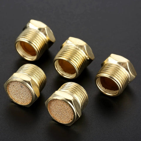 5 Pack Three Eighths Inch Brass Mufflers For Pneumatic Systems Air Silencers With Hex Sintered Bronze Filter And Male Thread NPT Fittings