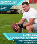 Man sitting on a bench in a stadium holding a football, wearing a Thumb And Wrist Spica Splint Brace For Right Or Left Hand, Carpal Tunnel And Tendonitis Relief, Arthritis Support For Fingers And Hands, Adjustable Compression Support For Women And Men, Stable Bowling And Daily Pain Relief.