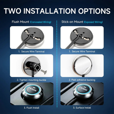 12V 24V Horn Push Button Switch Universal Momentary On Push And Hold With Wiring Ultrathin Stainless Steel And PC Shell Phosphor Bronze Contacts Beefy Rugged High Temperature And Impact Resistant Ideal For Vehicle Horn Button, flush and surface install