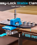Close-up of Three In One Cabinet Hardware Jig with adjustable clamp on a wood panel, shown for woodworking and home projects.