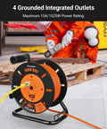 80 Ft Heavy Duty Retractable Extension Cord Reel With 4 Grounded Outlets, 13A Circuit Breaker on metal stand indoors